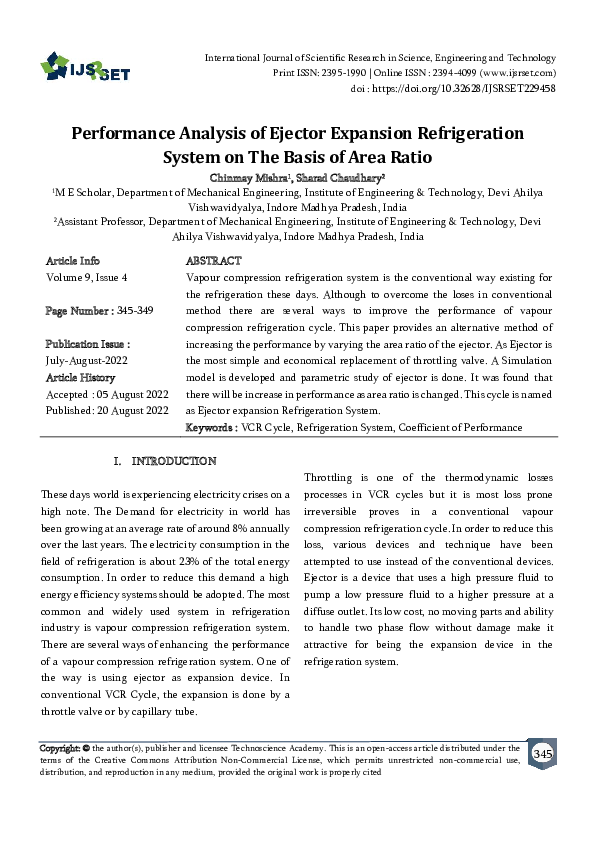 (PDF) Performance Analysis of Ejector Expansion Refrigeration System on ...