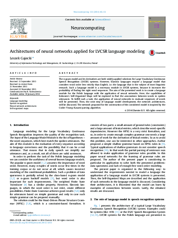(PDF) Architectures of neural networks applied for LVCSR language modeling
