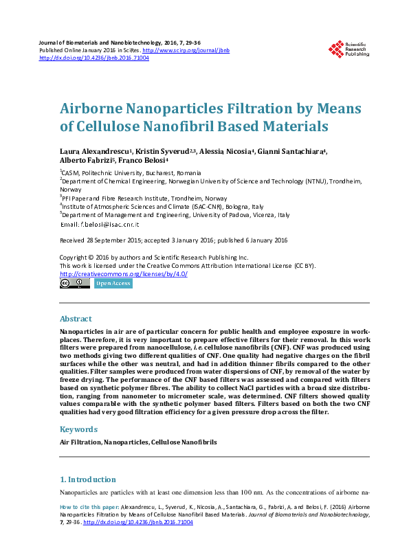(PDF) Airborne Nanoparticles Filtration by Means of Cellulose ...