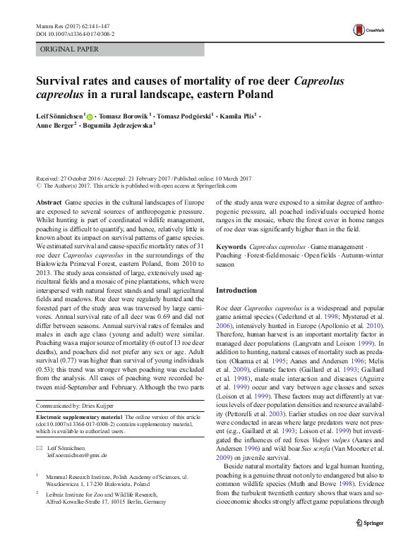 (PDF) Survival rates and causes of mortality of roe deer Capreolus ...