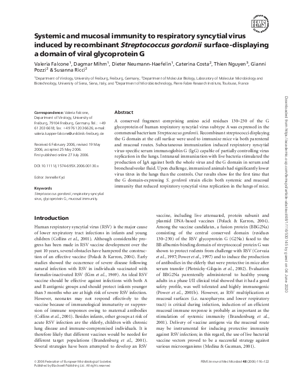 (PDF) Systemic and mucosal immunity to respiratory syncytial virus ...