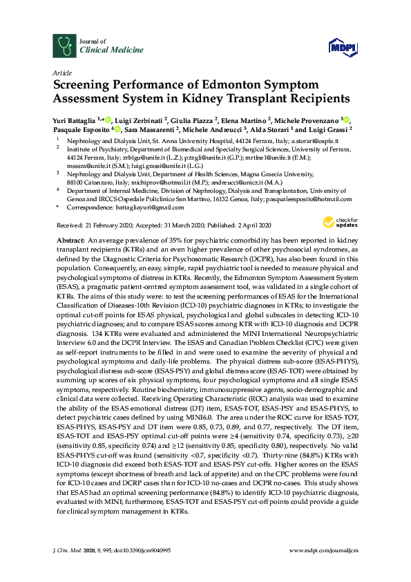(PDF) Screening Performance of Edmonton Symptom Assessment System in ...
