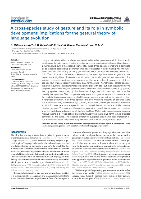 (PDF) A Cross-Species Study of Gesture and Its Role in Symbolic ...
