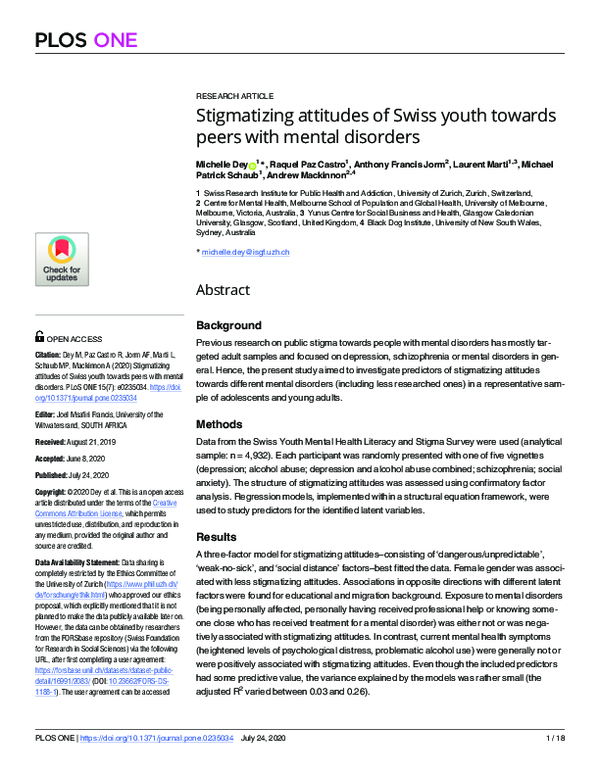 (PDF) Stigmatizing attitudes of Swiss youth towards peers with mental ...