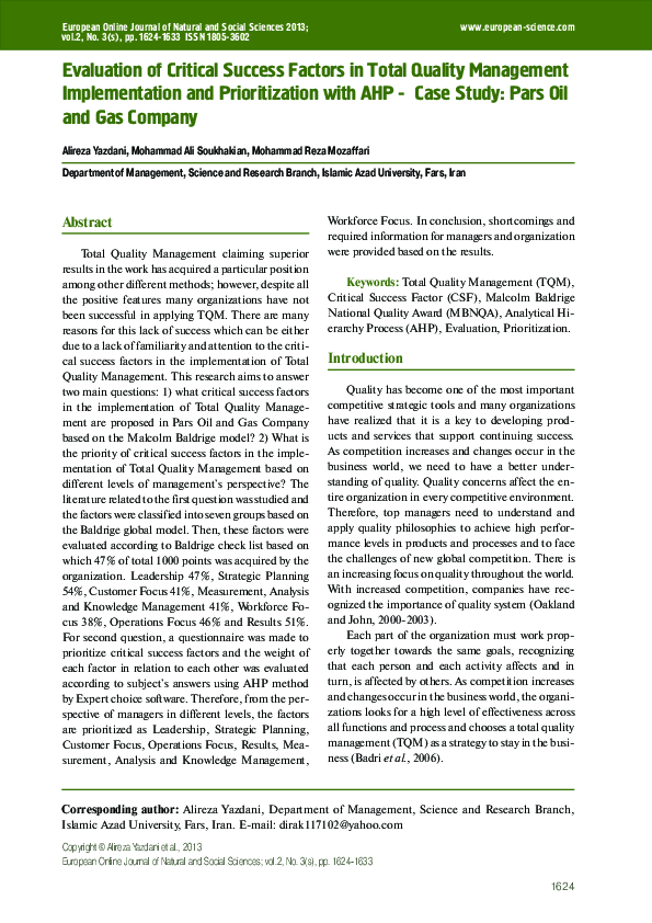 (PDF) Evaluation of Critical Success Factors in Total Quality ...