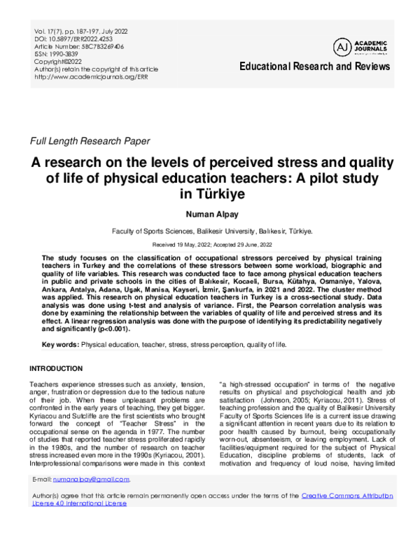 (PDF) A research on the levels of perceived stress and quality of life ...