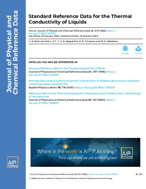 (PDF) Standard Reference Data for the Thermal Conductivity of Liquids