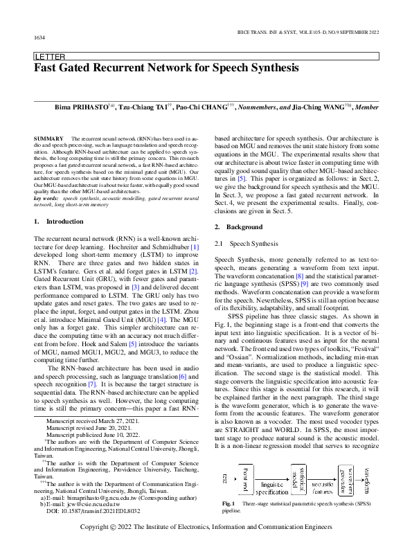 (PDF) Fast Gated Recurrent Network for Speech Synthesis