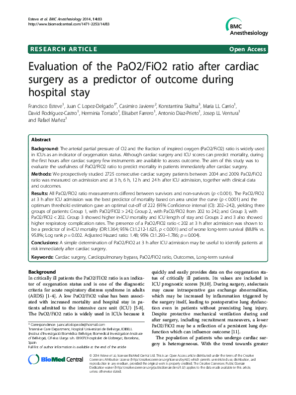 (PDF) Evaluation of the PaO2/FiO2 ratio after cardiac surgery as a ...