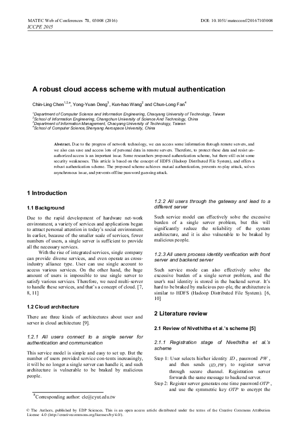 (PDF) A robust cloud access scheme with mutual authentication