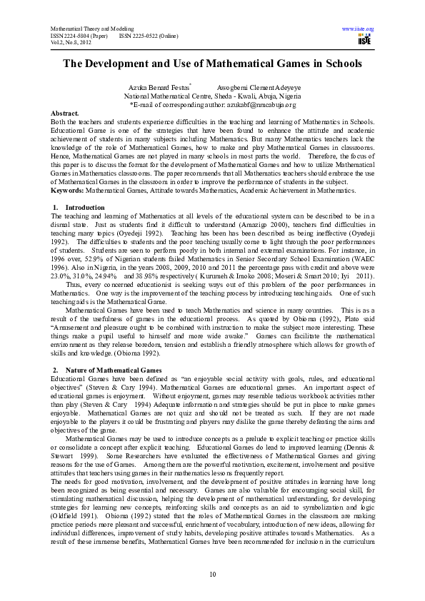 (PDF) The Development and Use of Mathematical Games in Schools