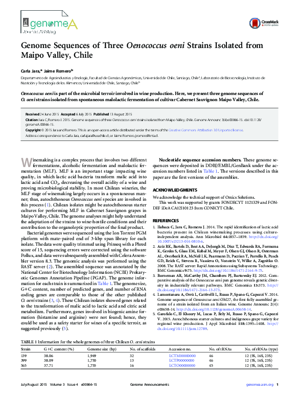 (PDF) Genome Sequences of Three Oenococcus oeni Strains Isolated from ...