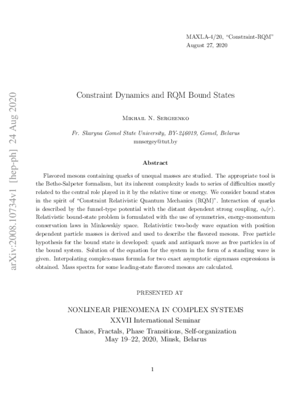 (PDF) Constraint Dynamics and RQM Bound States
