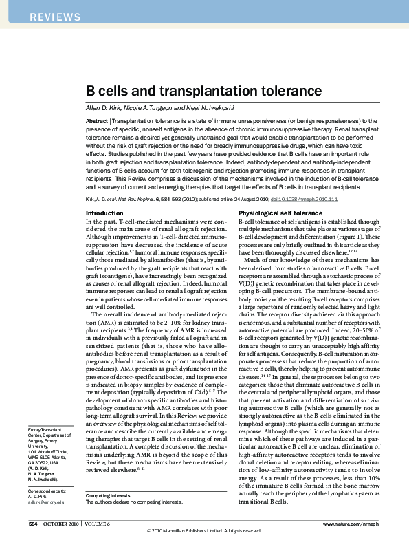 (PDF) B cells and transplantation tolerance
