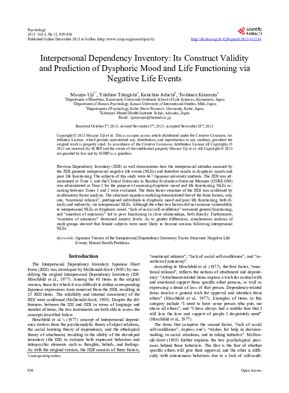 (PDF) Interpersonal Dependency Inventory: Its Construct Validity and ...