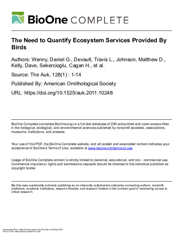 (PDF) The Need to Quantify Ecosystem Services Provided by Birds