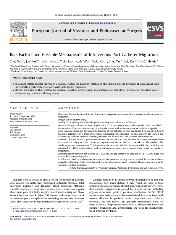 (PDF) Risk Factors and Possible Mechanisms of Intravenous Port Catheter