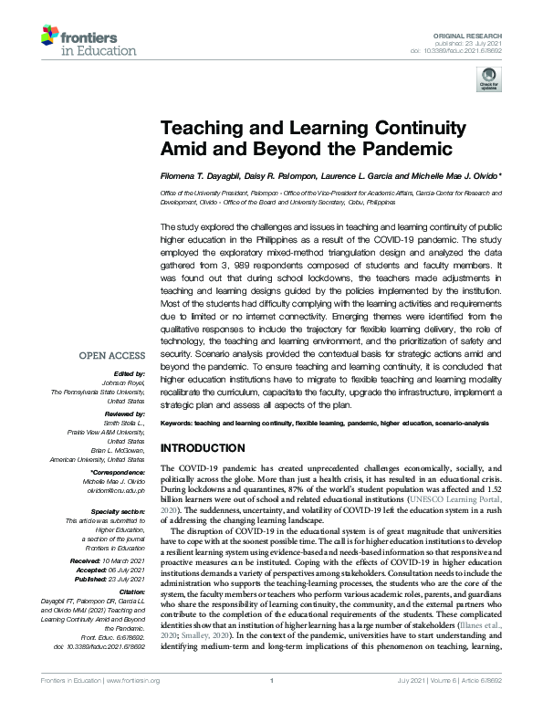 (PDF) Teaching and Learning Continuity Amid and Beyond the Pandemic