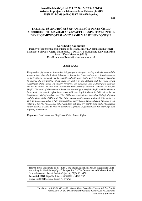 (PDF) The Status and Rights of an Illegitimate Child According to Mazhab AsySyafi'I Perspective