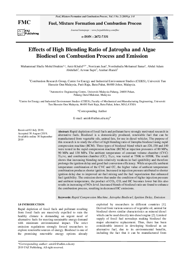 (PDF) Effects of High Blending Ratio of Jatropha and Algae Biodiesel on ...