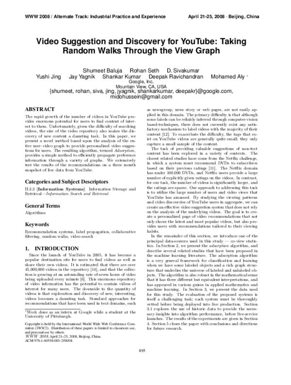 (PDF) Video suggestion and discovery for youtube