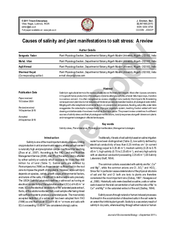 (PDF) Causes of salinity and plant manifestations to salt stress: a review