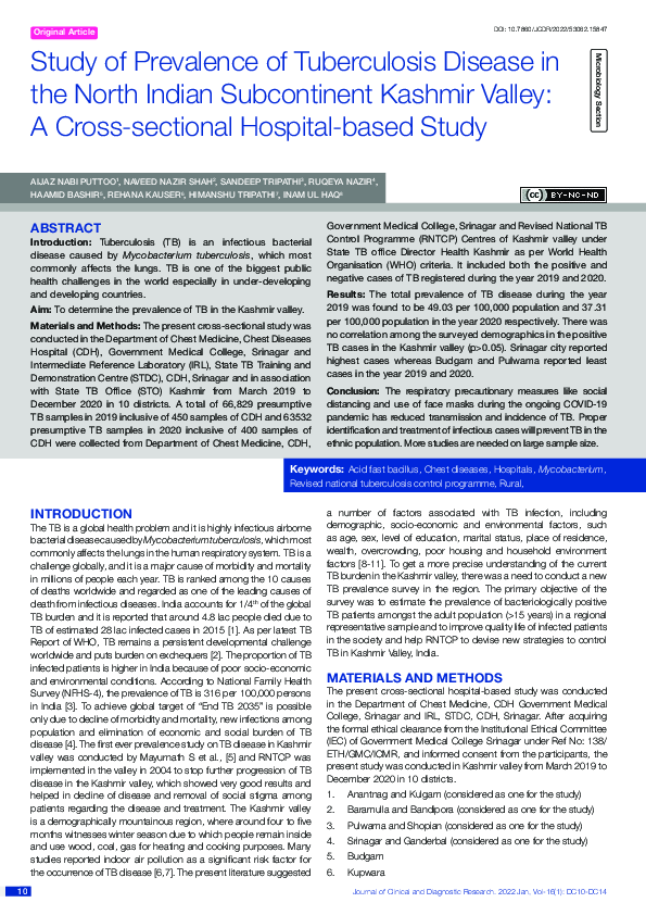 (PDF) Study of Prevalence of Tuberculosis Disease in the North Indian ...
