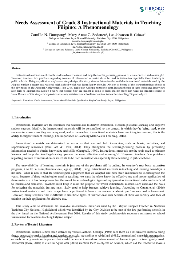 (PDF) Needs Assessment of Grade 8 Instructional Materials in Teaching