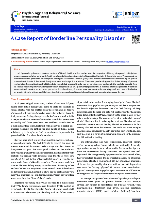 (PDF) A Case Report of Borderline Personality Disorder Fatema Zohra