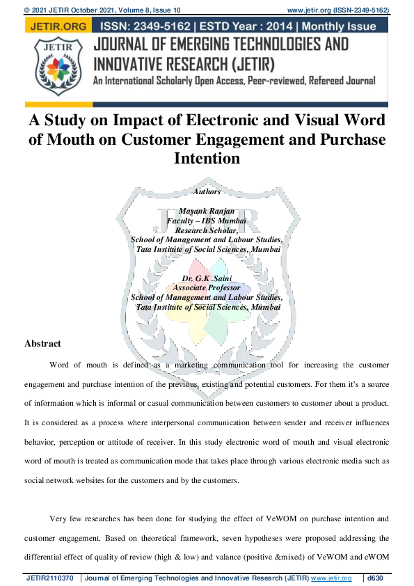 (PDF) A Study on Impact of Electronic and Visual Word of Mouth on ...