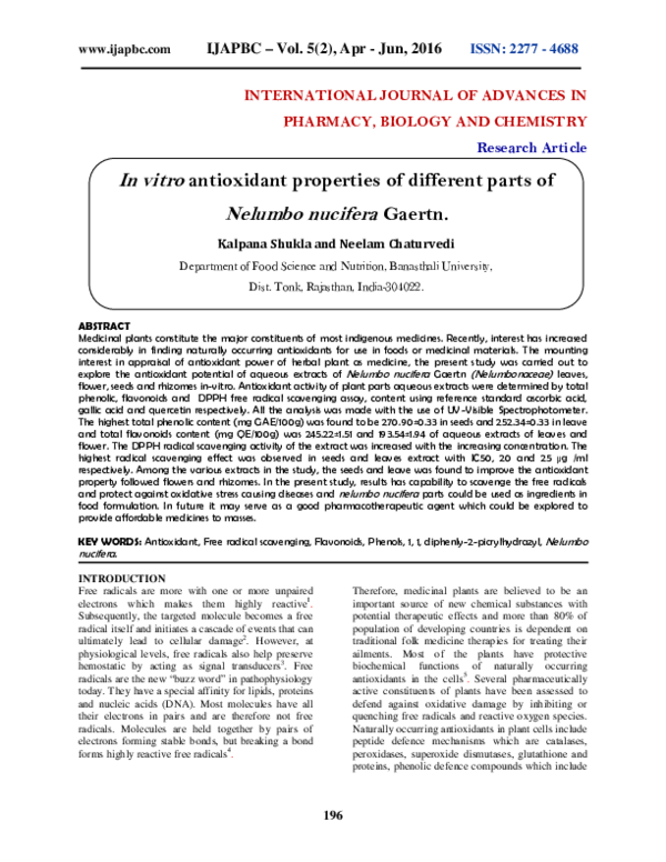 (PDF) In vitro antioxidant properties of different parts of Nelumbo ...