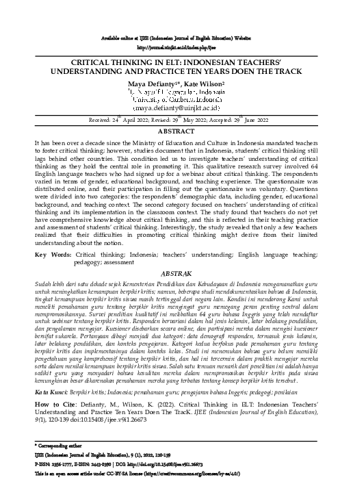(PDF) Critical Thinking in Elt: Indonesian Teachers’ Understanding and ...