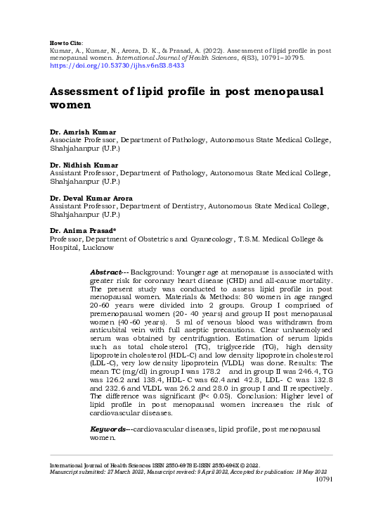 (PDF) Assessment of lipid profile in post menopausal women