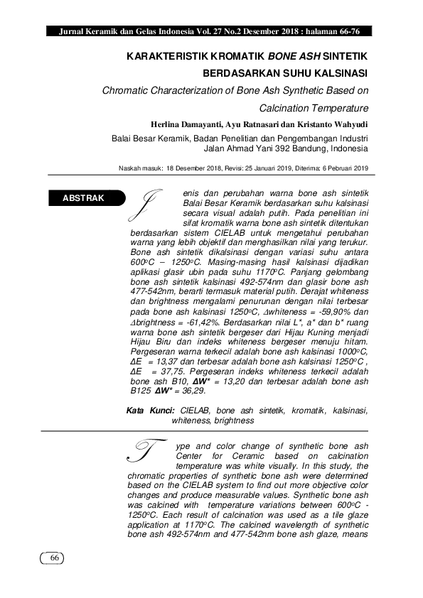 (PDF) Karakteristik Kromatik Bone Ash Sintetik Berdasarkan Suhu Kalsinasi