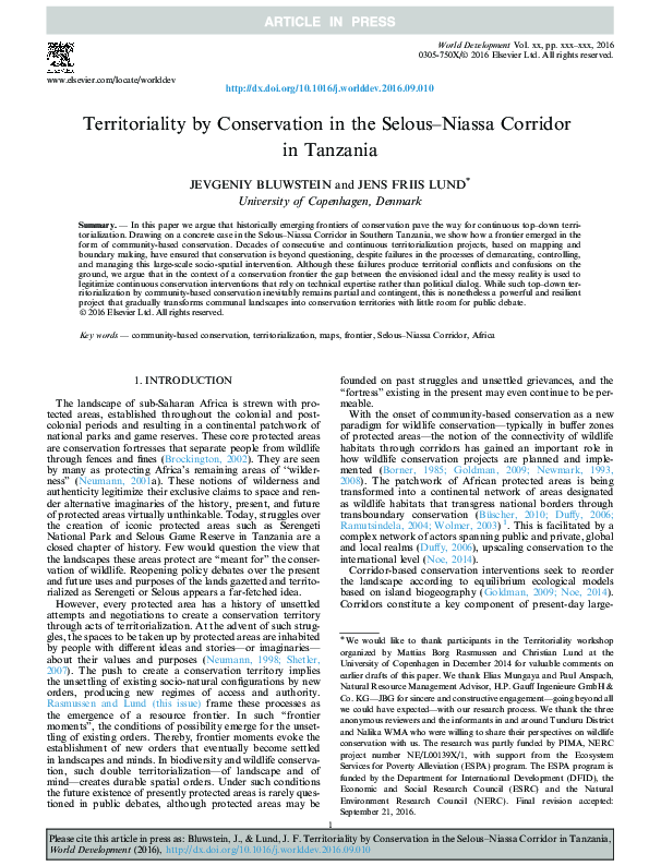 (PDF) Territoriality by Conservation in the SelousNiassa Corridor in