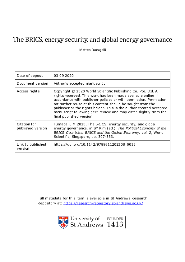 (PDF) The BRICS, Energy Security, and Global Energy Governance