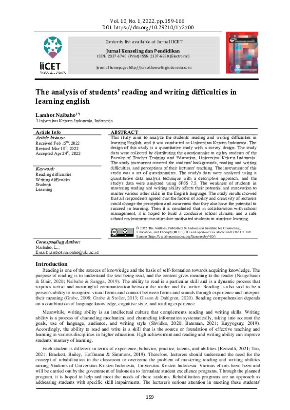 (PDF) The analysis of students’ reading and writing difficulties in ...