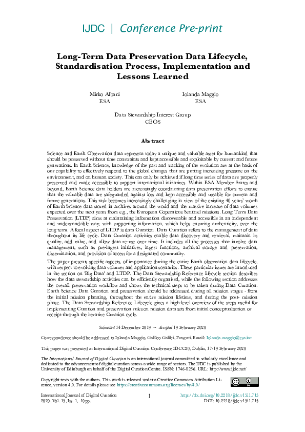 (PDF) Long-Term Data Preservation Data Lifecycle, Standardisation ...