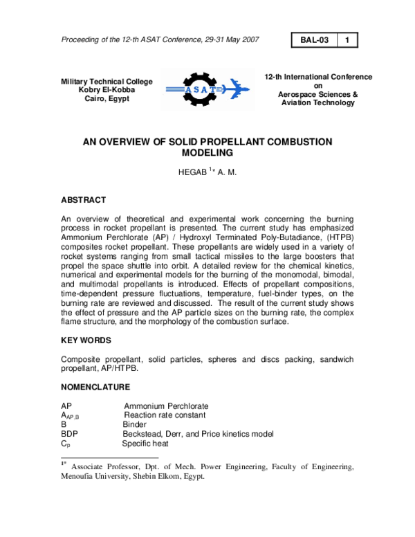 (PDF) An Overview of Solid Propellant Combustion Modeling Abdelkarim