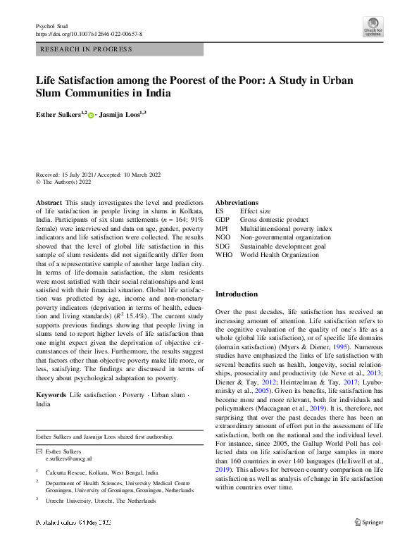 (PDF) Life Satisfaction among the Poorest of the Poor: A Study in Urban ...