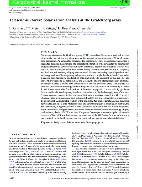 (PDF) TeleseismicP-wave polarization analysis at the Gräfenberg array