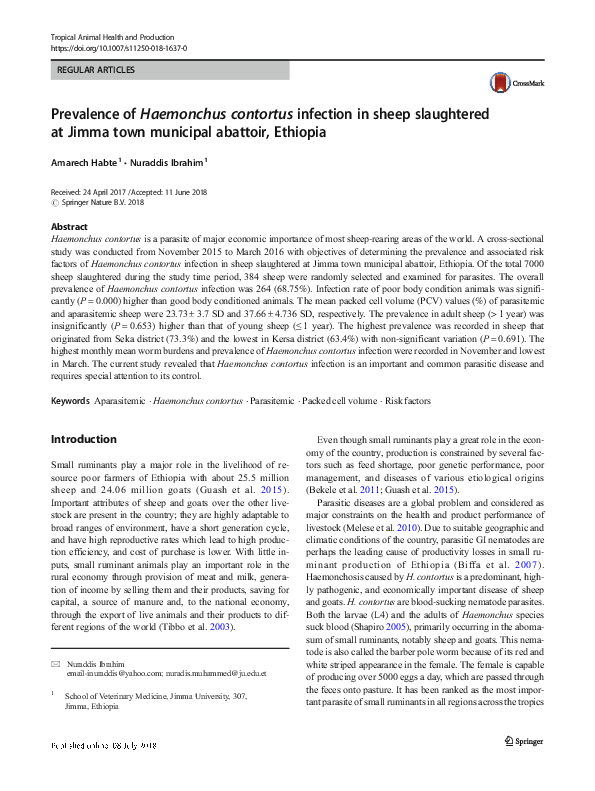 (PDF) Prevalence of Haemonchus contortus infection in sheep slaughtered ...