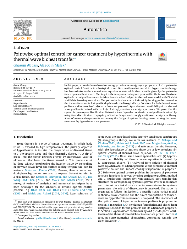 (PDF) Pointwise optimal control for cancer treatment by hyperthermia ...