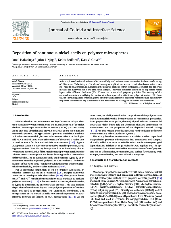 (PDF) Deposition of continuous nickel shells on polymer microspheres