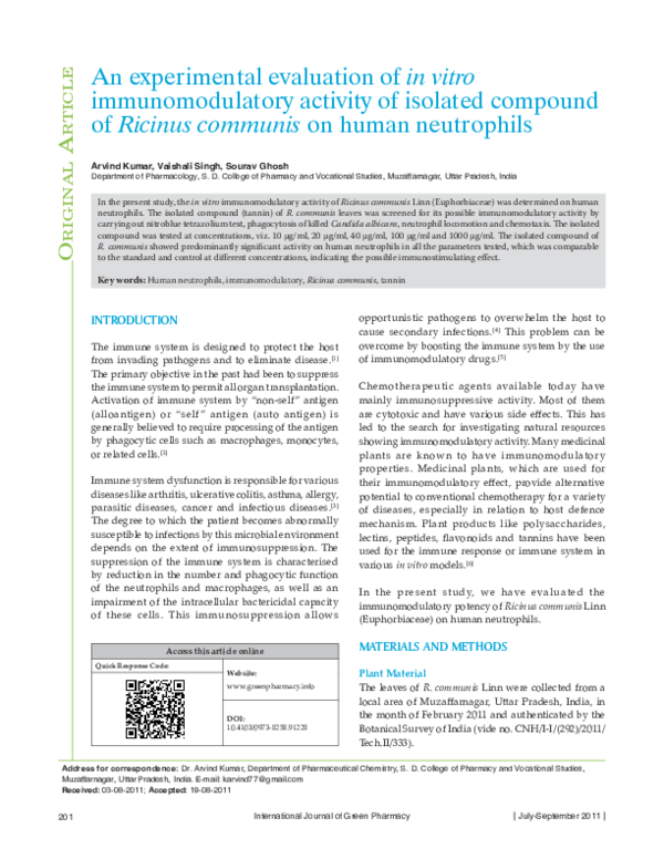 (PDF) An experimental evaluation of in vitro immunomodulatory activity ...