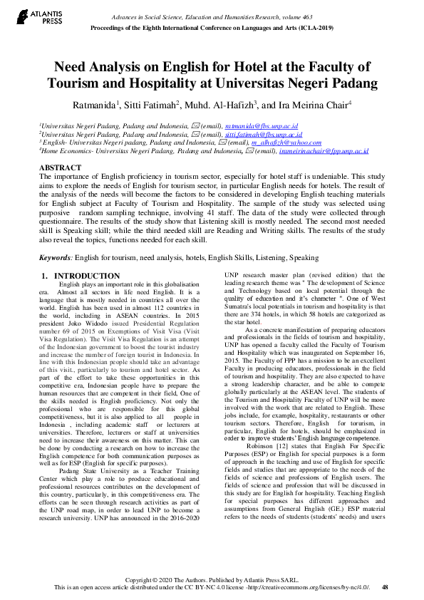 (PDF) Need Analysis on English for Hotel at the Faculty of Tourism and ...