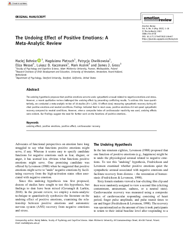 (PDF) The Undoing Effect of Positive Emotions: A Meta-Analytic Review
