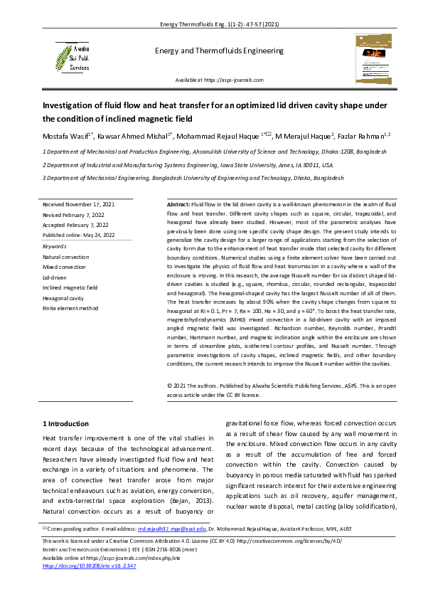 (PDF) Investigation of fluid flow and heat transfer for an optimized ...