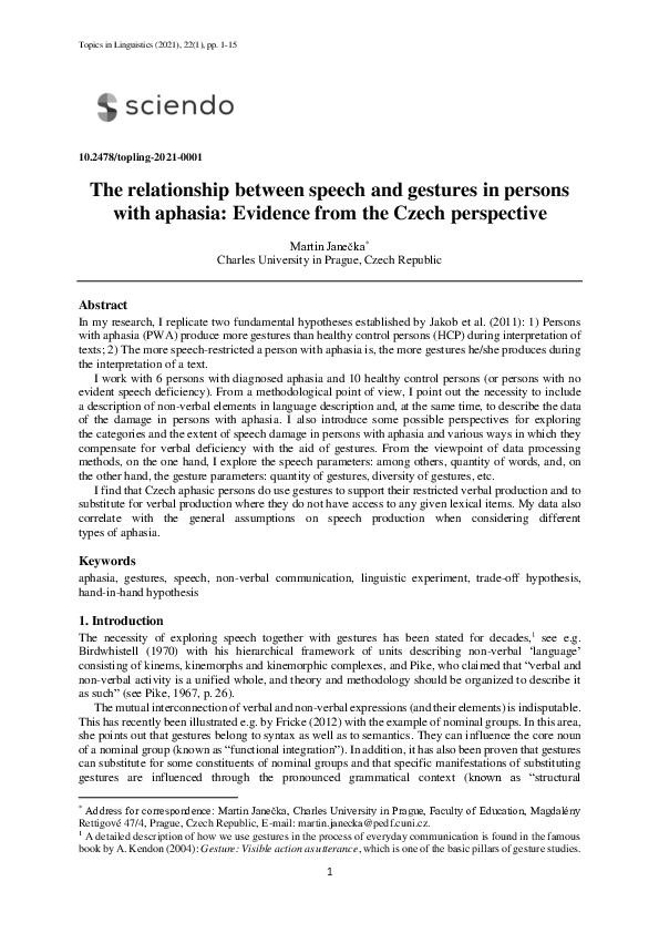 (PDF) The relationship between speech and gestures in persons with ...