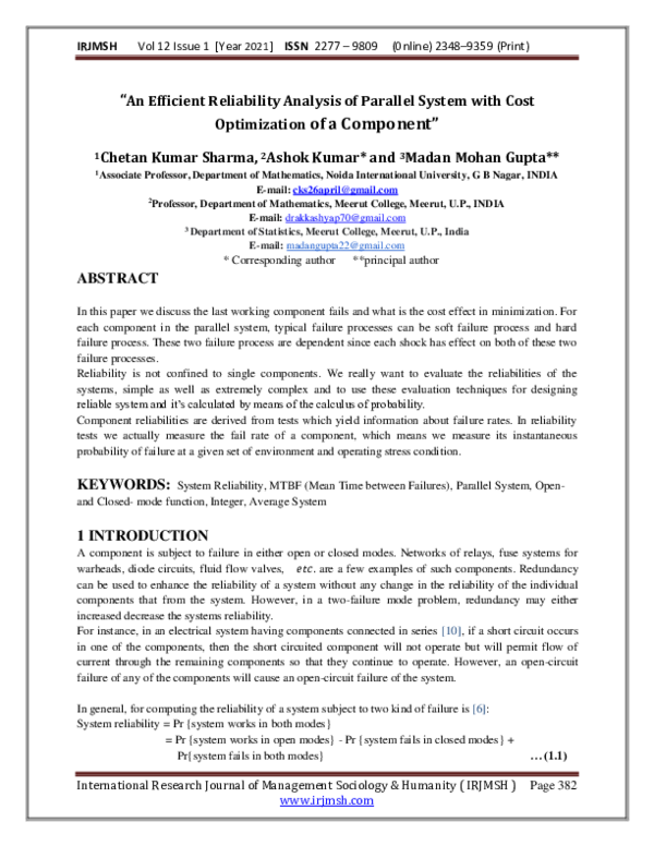 (PDF) "An Efficient Reliability Analysis of Parallel System with Cost ...